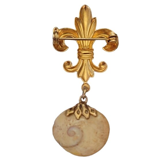 Gold Tone Fleur De Lis Bar With Operculum Eye Shell Dangle Brooch Pin E816 - Picture 5 of 7
